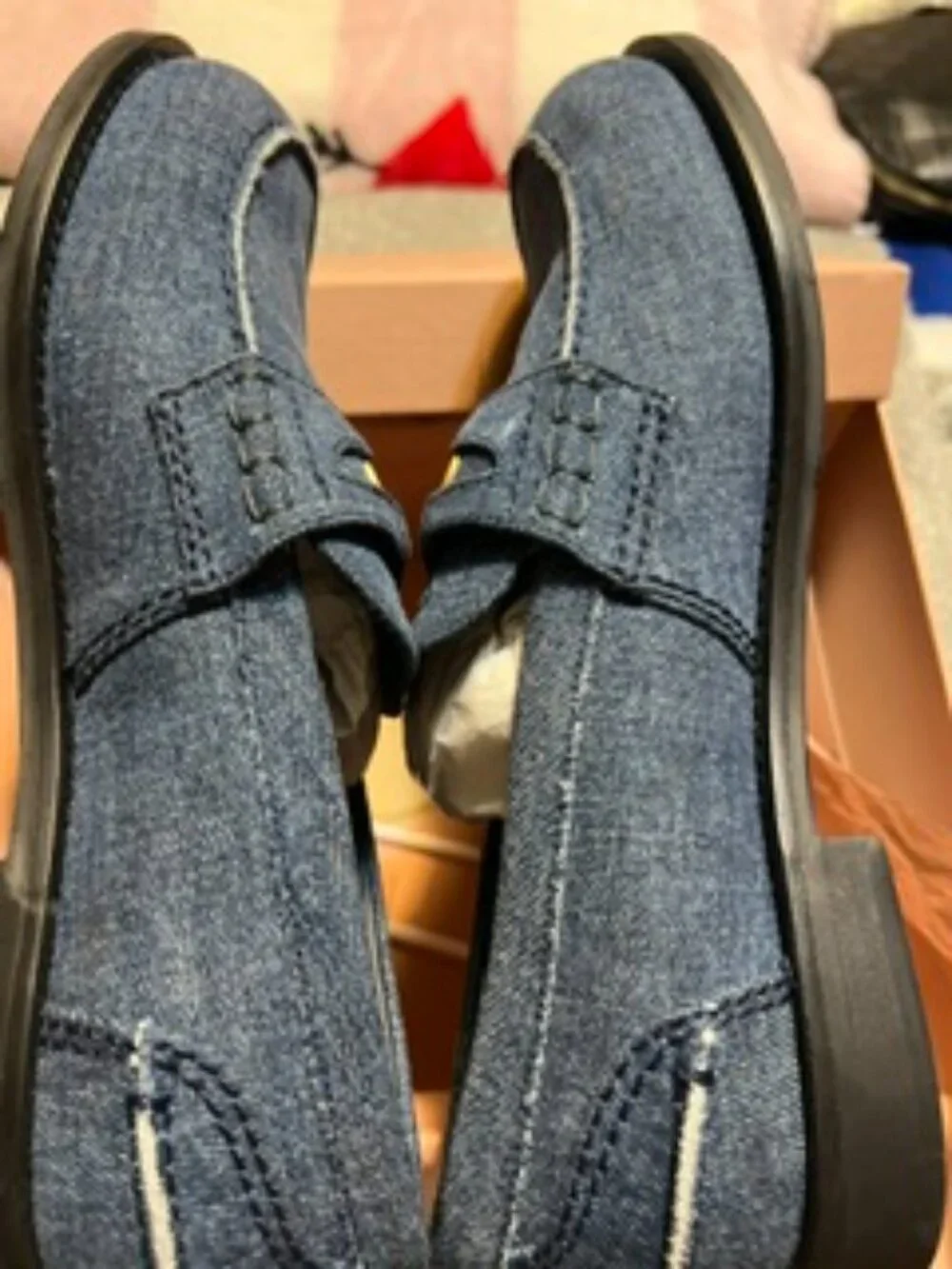 NWT Miu Miu Denim Coin Penny Loafers Pristine inc. Box, Dustbag Size 38 (7 1/2)